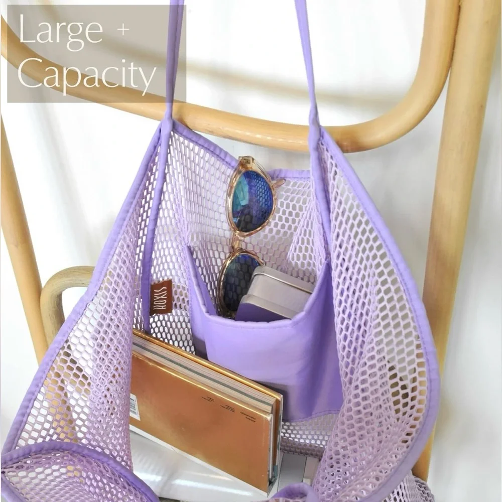 HOXIS Meshβ Beach Tote Women's Shoulder Bag LG Minimalist Purse Handbag Purple π - Picture 7 of 8